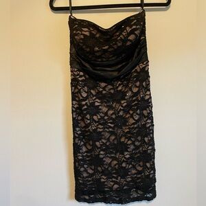 Sparkle black lace strapless evening dress. Size 6.